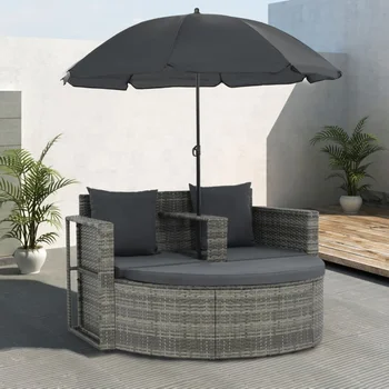 2-местен диван за вътрешен двор с възглавници и покрив от сив поли ратан, лесно се монтира за външни градини в задния двор
