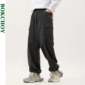 2023, Есен, Нови Свободни панталони-карго с завязками, Мъжки дрехи, Ежедневни, с много джобове, обикновена директни мъжки панталони J80160
