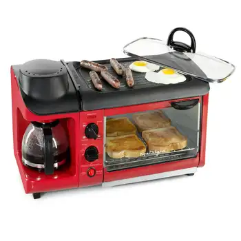 BST3RR Ретро Електрическа станция за закуска семейна размер на 3 в 1, Кафе-машина, тостер на тиган -Ретро Червен