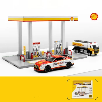 CCA McLaren P1 Nissan GTR, бензиностанция Shell Gulf Oil, Кобрендовая монтаж, бензиностанция, набор от играчки от сплав, за Украса на сцена