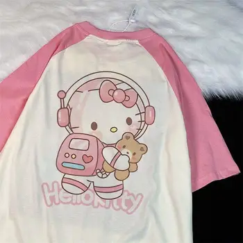Kawaii Hello Kitty Тениска с къс ръкав Sanrio Аниме Kuromi Cinnamoroll Летни Тениски с Анимационни Герои За Момичета, Прекрасна Тениска с кръгло деколте, Свободно Топ