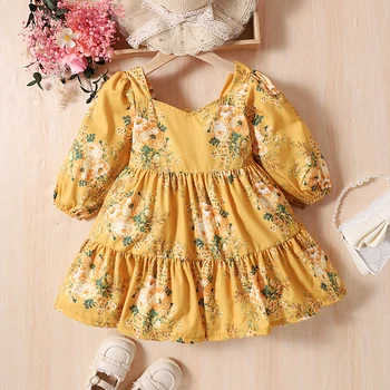 Listenwind/Детско рокля за момичета от 2 до 7 години с флорални принтом, рокля с квадратна деколте и дълги ръкави, Есента модно ежедневна рокля на принцеса