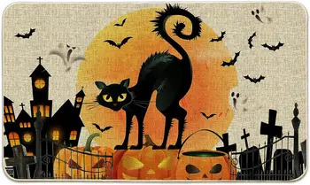 SaltaStore Подложки за врати на Хелоуин добре дошли на Тепиха На Открито Хелоуин Лунна котка Селска къща Декор за дома за врати и Постелки за Хелоуин Decora