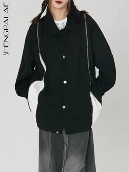 SHENGPALAE Модерно Дамско палто с писмото принтом, на Ревера в стил мозайка, Однобортная ежедневно яке с дълъг ръкав, Есен 2023, Новост 5R4625
