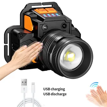 USB Акумулаторна светодиодна индукционная на прожекторите с увеличение, фенерче, Водоустойчив за туризъм, Къмпинг, Мощен фар