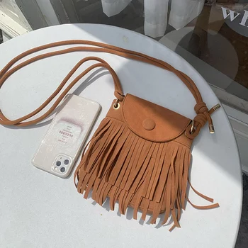 Американската реколта чанта за мобилен телефон с пискюли, дамски квадратна чанта през рамо, чантата е от изкуствена велур в стил Харбър