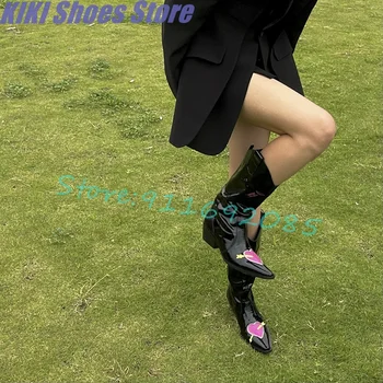 Ботуши, дамски есенни нови обувки на Любовта на тънък остър чорап, високи обувки от лачена кожа на масивна ток, чубрица