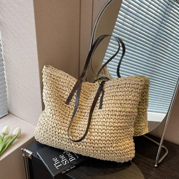 Дамска сламена чанта-тоут, битови тъкани торби през рамо за пазаруване с голям капацитет, ежедневни чанти за плажни пътуване и почивка