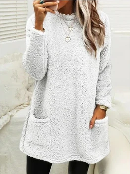 Дамски дрехи, Нов пуловер с дълги ръкави 2023, есенно-зимна риза с джобове, модерен обикновен всекидневен Свободен топ голям размер
