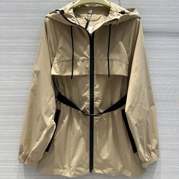 Дамски якета Есен-зима обикновен с качулки, с ципове, с колан, Трапециевидный тренч средна дължина, Класически и ежедневни готина свободна дамски дрехи