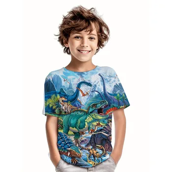 Детска тениска за момчета, тениски с 3D принтом Трисератопс и Тираннозавра Рекса, тениска с динозавром 