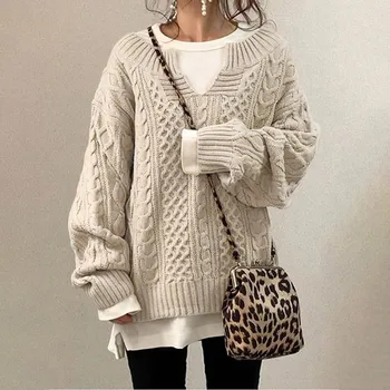 Жена вязаный пуловер Оверсайз с V-образно деколте и дълъг ръкав, през Есента на горно облекло 2023, Трикотажный Пуловер, Пуловер Pull Femme