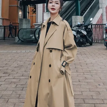 Жена тренч средна дължина цвят Каки с Дълги ръкави и отложным яка, Корейската версия Двубортного Y2K, Градинска мода, Есен палто