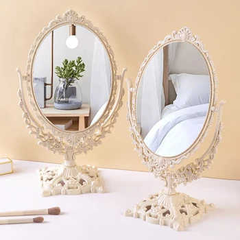 Завъртащо се на огледалото в скандинавски резном ретро-стил, Пластмасови Винтажное декоративно огледало, Малки овални инструменти за грим, бюро за спалня, Работно бюро
