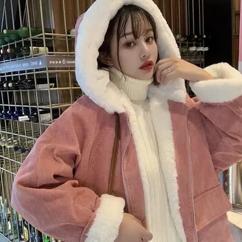 Зимата е нов корейски стил памук, плюш свободен от рипсено Кадифе с качулка и дълъг ръкав удебелена памучен яке-памучен яке студент