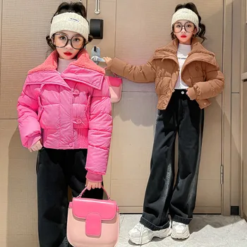 Зимни якета за момичета от 8 до 10 години, модерно късо палто с памучна подплата, топло утепленная детски дрехи