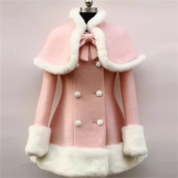 Зимно бяло-розова кожа шал, двубортное вълна палто