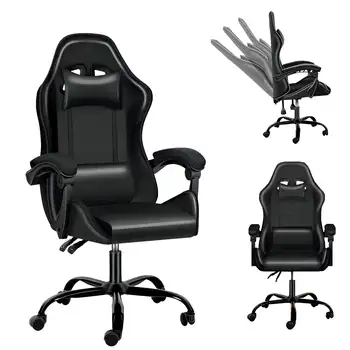 Игралното стол Dubbin, Офис стол, Компютърна стол с висока облегалка, Облегалка от изкуствена кожа, черен
