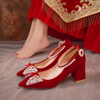 Кадифе женски обувки 2023 г., сандали в масивна ток 3 см, класически стил, обувки-лодка с остри пръсти и лък, новост за младоженци, бежово casual 5 см, a