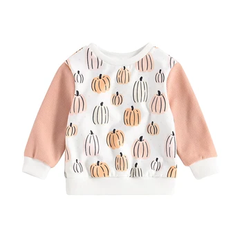 Качулки за малки момичета с принтом тиква в контрастен цвят, Пуловери, с кръгло деколте и дълги ръкави, пролетно-есенна ежедневни облекла, потници
