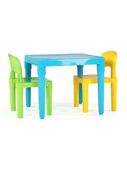 Комплект от лека пластмасова аквамаринового маса и 2 стола Humble Crew Kids, квадратни, зелени и жълти изпражнения