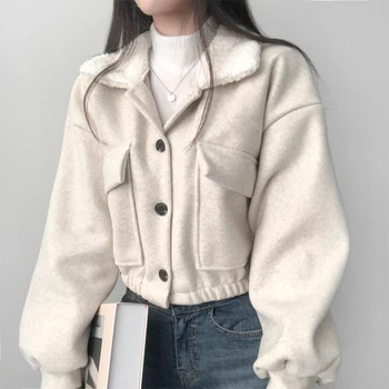 Корейски Вълнени палта с ревери, Дамски Модни Однобортные якета, Дамски Елегантни Къси палта с големи джобове, Дамски JA17