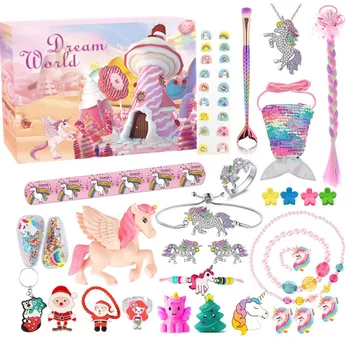 Кутия с Коледните Адвент-календар 24 бр. комплект за грим Принцеса, декорация на сладки, играчки с единорогом, снежен човек, лосове за момичета, коледни подаръци