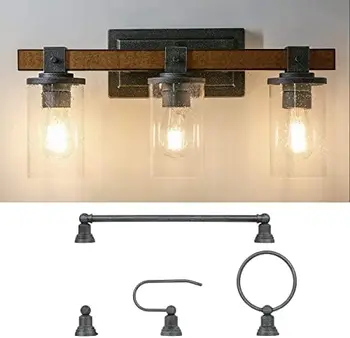 Лампа за тоалетка маса във фермерска къща, Универсален комплект за баня от 5 теми (цокъл на лампата E26), Лампа с нюанси от закалено стъкло, Изкуствено дърво-метал
