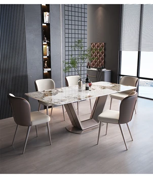 Лека луксозна комбинация на обедната маса и стол от каменна дъски, модерен и лесен маса за хранене в скандинавски стил, правоъгълна маса за хранене