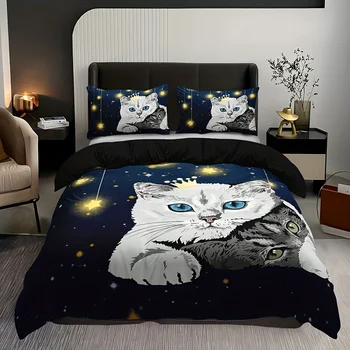 Модерен пухени със звездна фигура на котка, Комплект спално бельо с дигитален печат, мек удобен пухени за спални (чаршаф + калъфка)