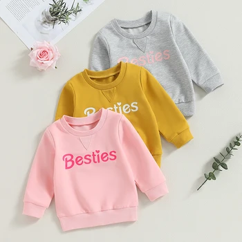Модерни есенни блузи за малки момичета 2023 г., Пуловери, с кръгло деколте и писмото принтом за новородени момичета, Блузи, потници, Връхни дрехи
