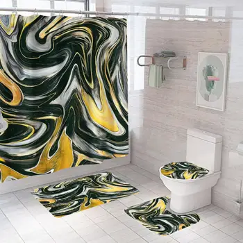 Набор от завеса за душ, аксесоари за декор за баня, комплект за баня от 4 теми, модерна душ завеса за душ с 3D принтом и мек противоскользящим мат