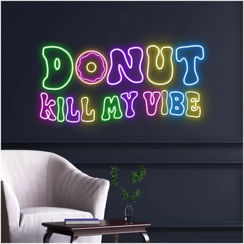 Неонова реклама с Donut Kill My Vibe, Изработени по Поръчка led неонова реклама за магазин за понички, Неонова светлинна табела, на Откриването на магазина за Сладкиши, боядисани стени, Декорация на бара