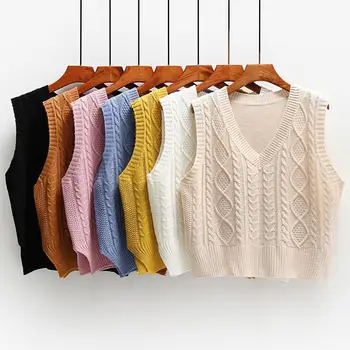 Нов вязаный пуловер без ръкави, елек, жените в есенно-зимната мода корея свободна универсална горна дреха с V-образно деколте, жилетка
