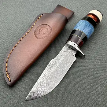 Нож от дамасской стомана VG10, агатовая дръжка от бича, кости, с кожени ножнами, фиксиран нож премиум-клас за лов и оцеляване на открито