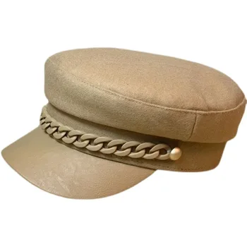 Памучни шапки за жени, военни шапки, однотонная верига, каки, черни модерен градинска ежедневни есенно-зимна дамска шапка