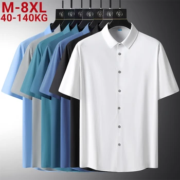 По-големи Размери 8XL, Летни Мъжки Обикновена риза с къси ръкави, Без Еластичност, Всекидневни, Черни, Бели, бързо съхнещи Копринени мъжки Ризи