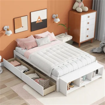 Пълен размер легло с футляром за съхранение, 2 чекмеджета за съхранение, Надлъжно укрепване на планк, Здрав, лесен за сглобяване на Мебели за спалня