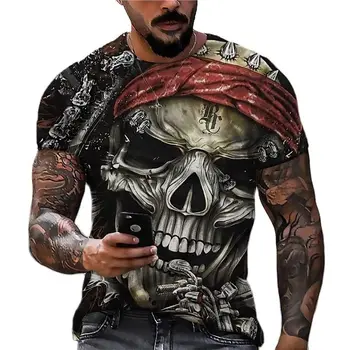 Реколта тениска с черепа, За мъже, Мъжки тениски с 3D принтом на Черепа, Извънгабаритни Блузи с къс ръкав, Тениска, Мъжки дрехи за Смърт