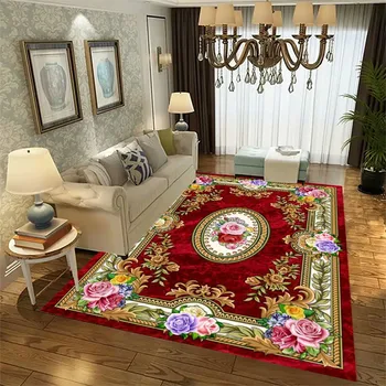 Рийз Velvet мек килим Килим за хол в Ренесансов стил Фон от червен мрамор Луксозни цъфтящи цветя Защита пол Декор