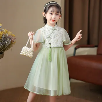 Рокля с къс ръкав за момичета, Лятото 2023, Ново винтажное бебешка рокля на принцеса Ципао от зелен тюл