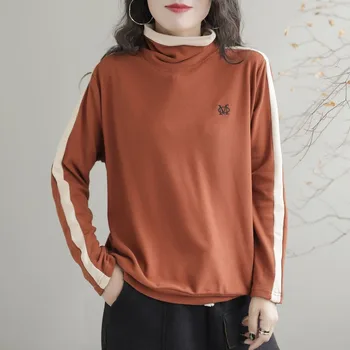 Свободна кафява облекло 2023, Дамски ризи, Памучни обикновен дамски потници, Луксозни и Висококачествени тениски с дълъг ръкав в корейски стил, тениски с кръгло деколте