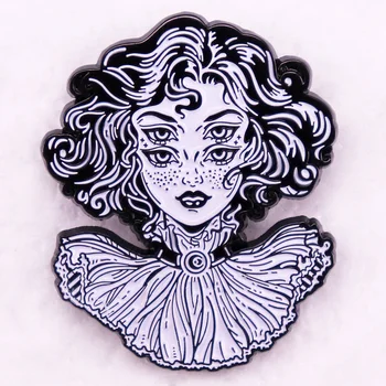 Сюрреалистичная момиче-вещица с 4 очи, икона, Готическата Странна брошка с емайл, подарък за украса