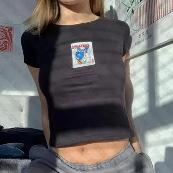 Тениска в стил Гръндж, Реколта риза в стил Харадзюку, градинска дрехи с къс ръкав, дамски Козметична дрехи с покер графика Y2K, детска тениска, съкратен топ