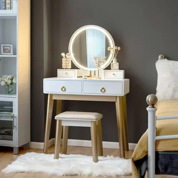Тоалетка с огледало в модерен изчистен стил, домашен тоалетка за спалня, кръгло огледало с регулируема led подсветка, столче с възглавница