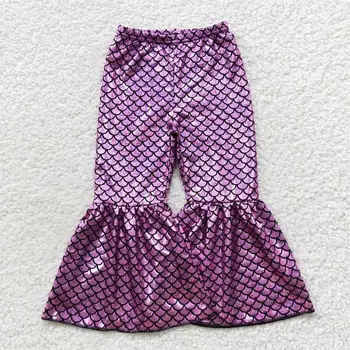 Търговия на едро с Холограма панталони от ликра с образа на Русалка за момиченца, разкроена панталони за деца, лилаво облекло с образа на русалки