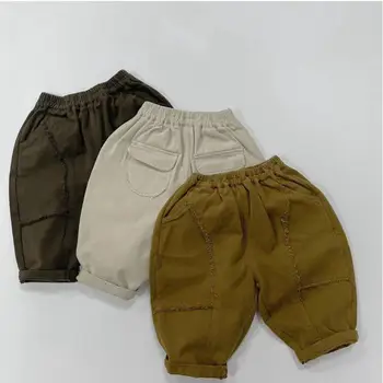 Уникални свободни модни панталони за малки момчета, обикновена прости ежедневни панталони за момичета, универсални памучни панталони с джобове за бебета