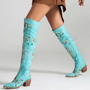 【ENMAYER】Квадратен чорап под едно дърво На Дебелите ток С цветна бродерия в етнически стил, дамски ботуши над коляното с една плюшена подплата, дълги зимни ботуши